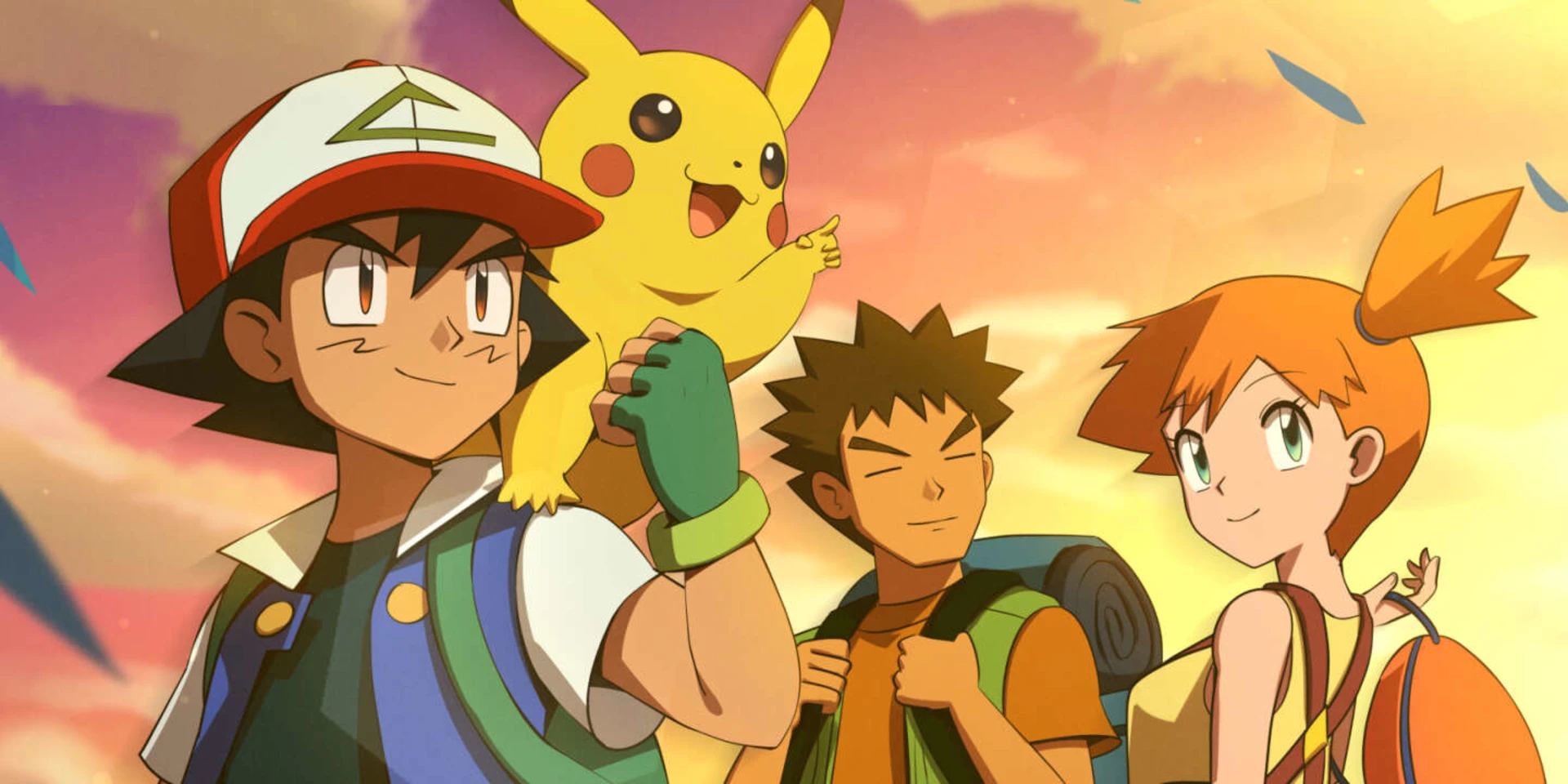 Ash, Brock, and Misty, with Pikachu, gearing up for an adventure against a bright orange backdrop.