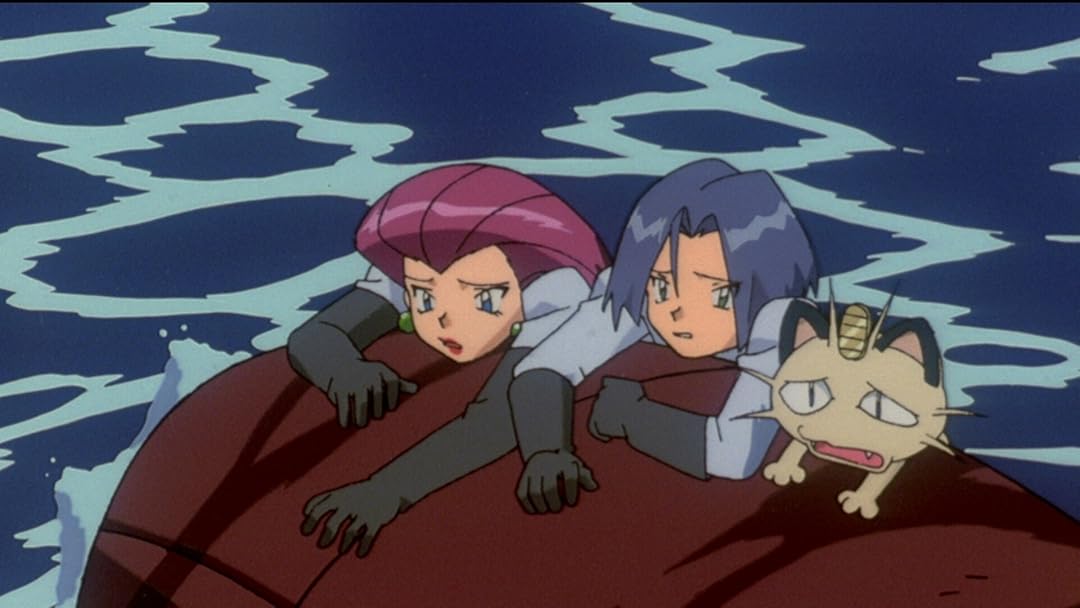 Jesse and James and Meowth in a body of water hanging over a log looking disheartened.