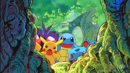 Surprised pikachu and friends looking into a tree stump hole.